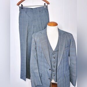 Vintage Hart Schaffner Marx 3 Piece Wool Suit Light Blue Plaid